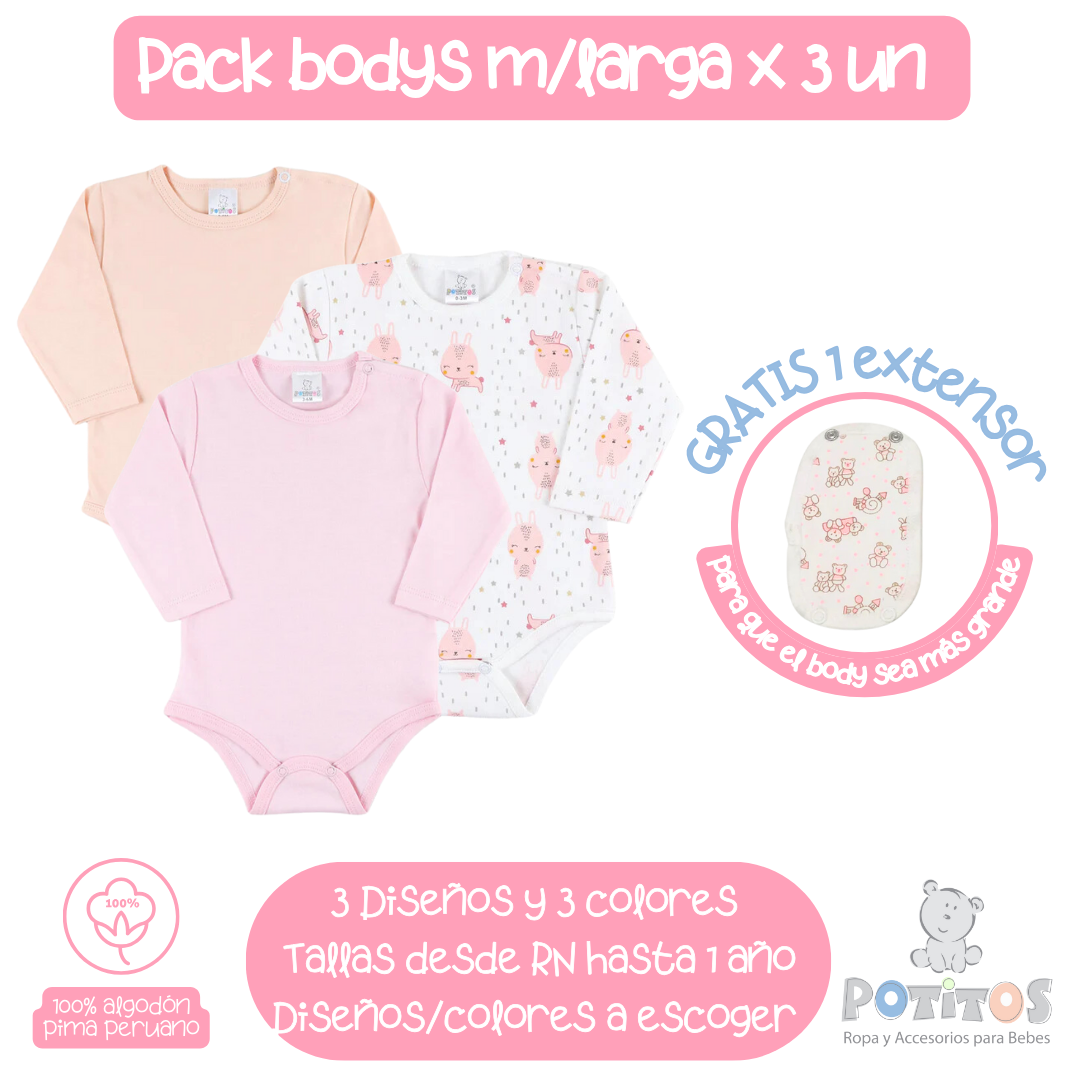 PACK X3 BODY MANGA LARGA NIÑA + REGALO