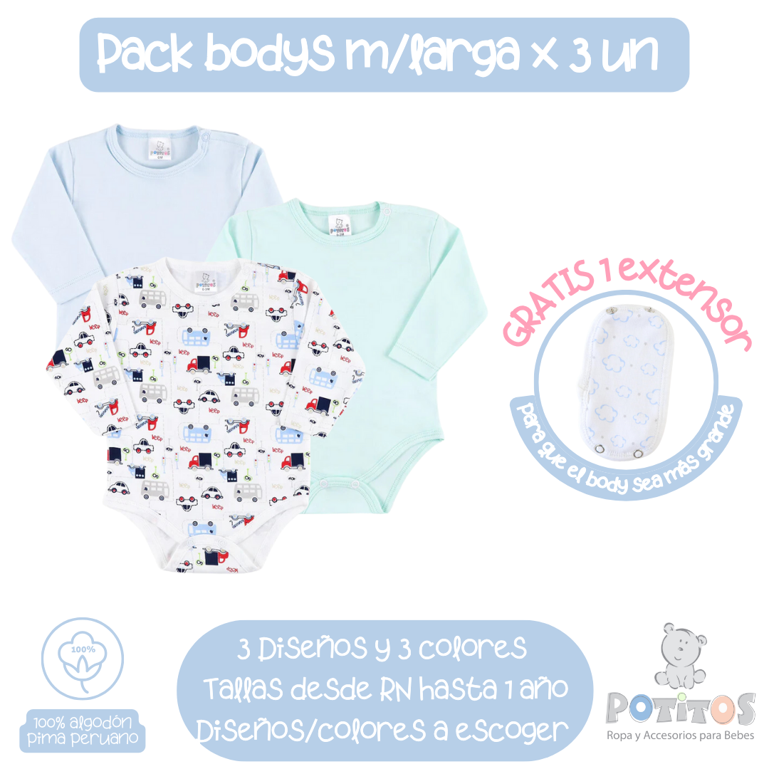 PACK X3 BODY MANGA LARGA NIÑO + REGALO