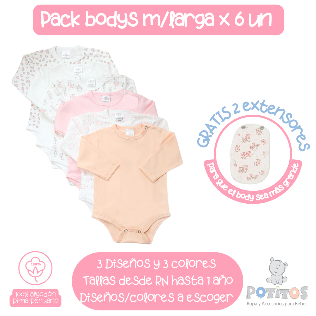 PACK X6 BODY MANGA LARGA NIÑA + REGALO