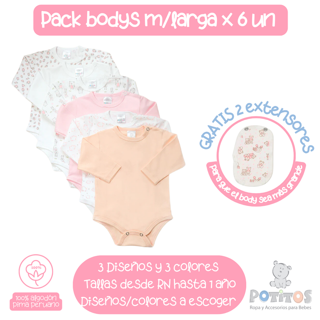 PACK X6 BODY MANGA LARGA NIÑA + REGALO