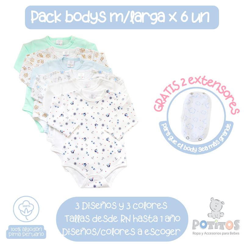 PACK X6 BODY MANGA LARGA NIÑO + REGALO